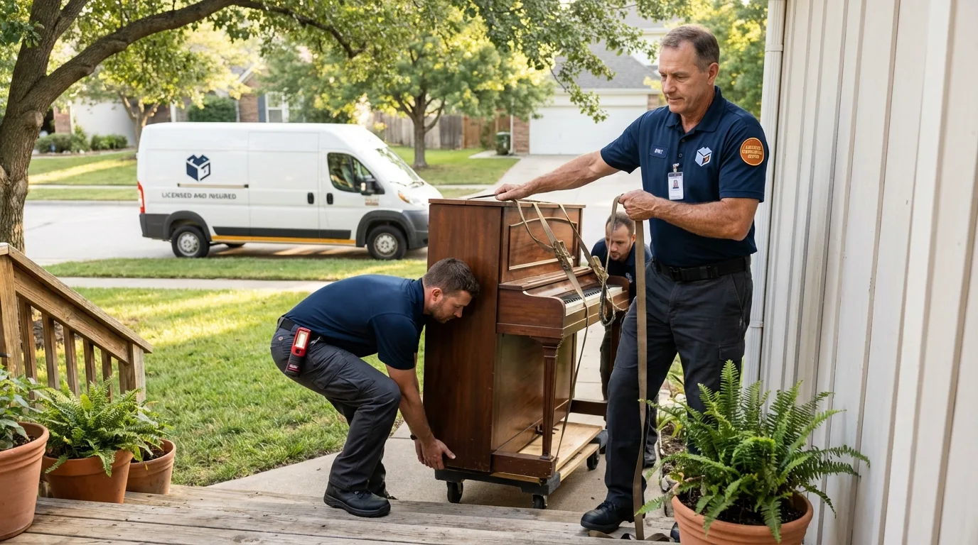 Licensed piano movers securing grand piano in Gilberts, IL