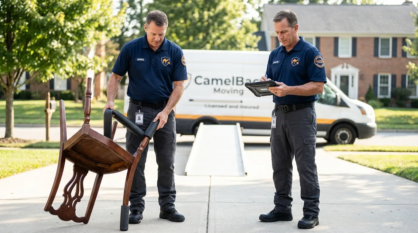 Movers inspecting furniture for damage prevention before loading in Gilberts, IL