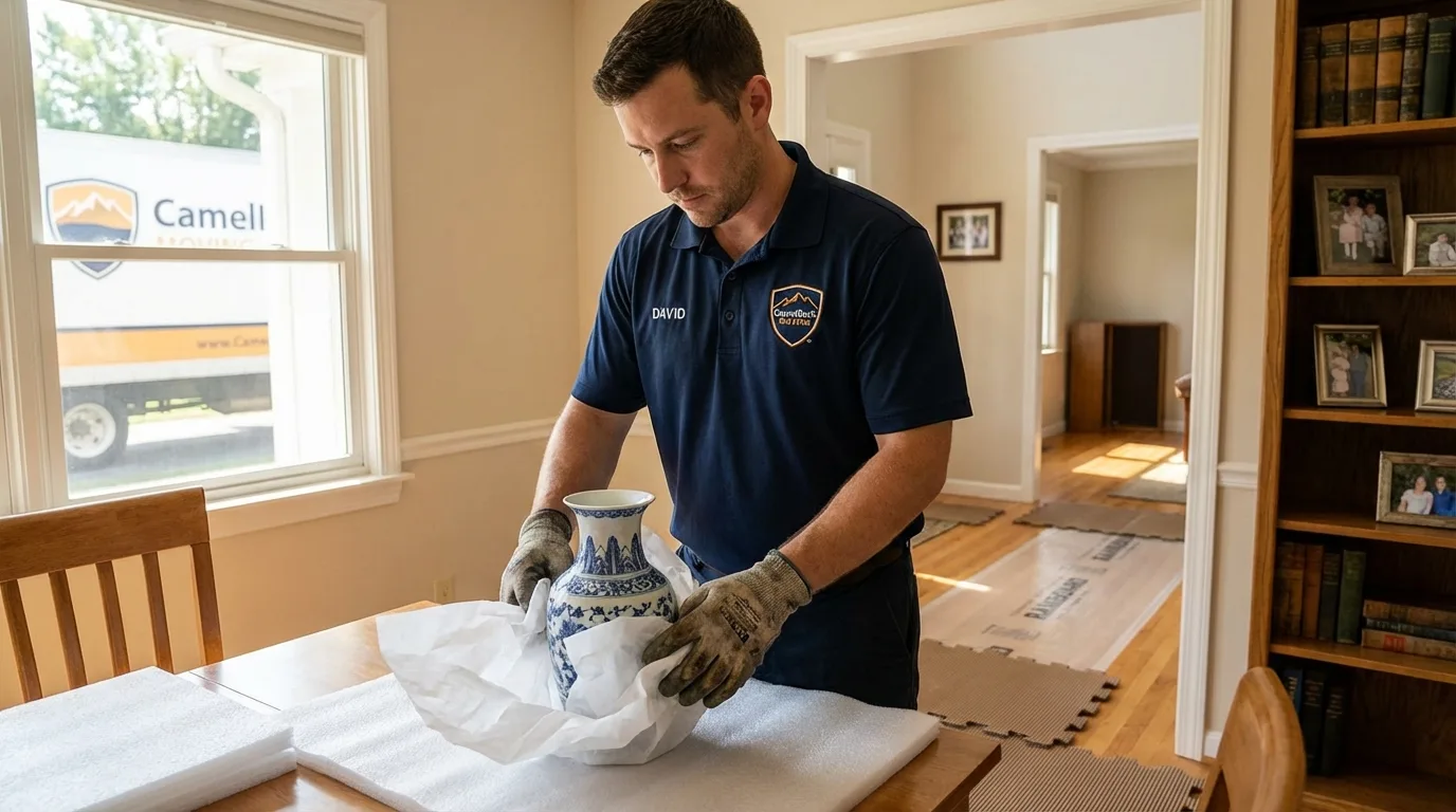 Professional crew carefully wrapping antique vase for senior downsizing move in Gilberts, IL